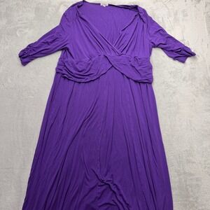 Kiyonna Maxi Dress Womens 3 Purple V-Neck Ruched 3/4 Sleeve Empire Waist